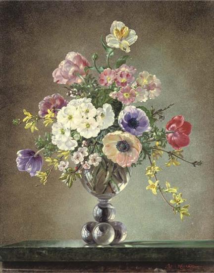 Cecil Kennedy - Anenomes, Primula, Alstromeria and Forsythia in a glass vase on a marble ledge.jpg