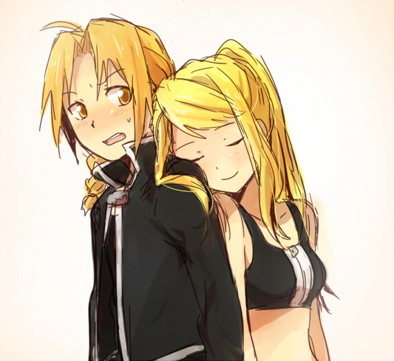 Fullmetal Alchemist - 1211 - back-to-back bare_shoulders blonde_hair cl...ist riru sweatdrop tagme tank_top winry_rockbell.jpg