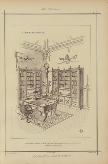 motywy dekoracyjne - Cabinet de travail  bibliothque, bureau en bois do...re poli, sige a pivot lambris en chne tei... 1898.jpg